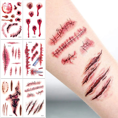 16-Piece Halloween 3D Fake Scar Temporary Tattoos – Bloody Wound & Zombie Designs for Face and Body, Waterproof Costume Makeup for Halloween, Cosplay & Parties