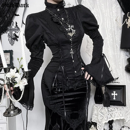 Goth Dark Gothic Lace Trim Blouse – Turtleneck Flare Sleeve Top for Halloween & Alternative Fashion