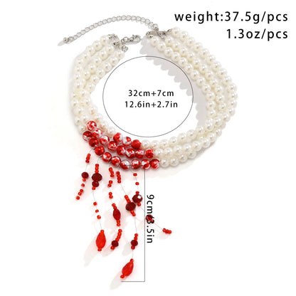 Vintage Gothic Blood Pattern Layered Necklace – Pearl &amp; Crystal Tassel Pendant 🩸🖤