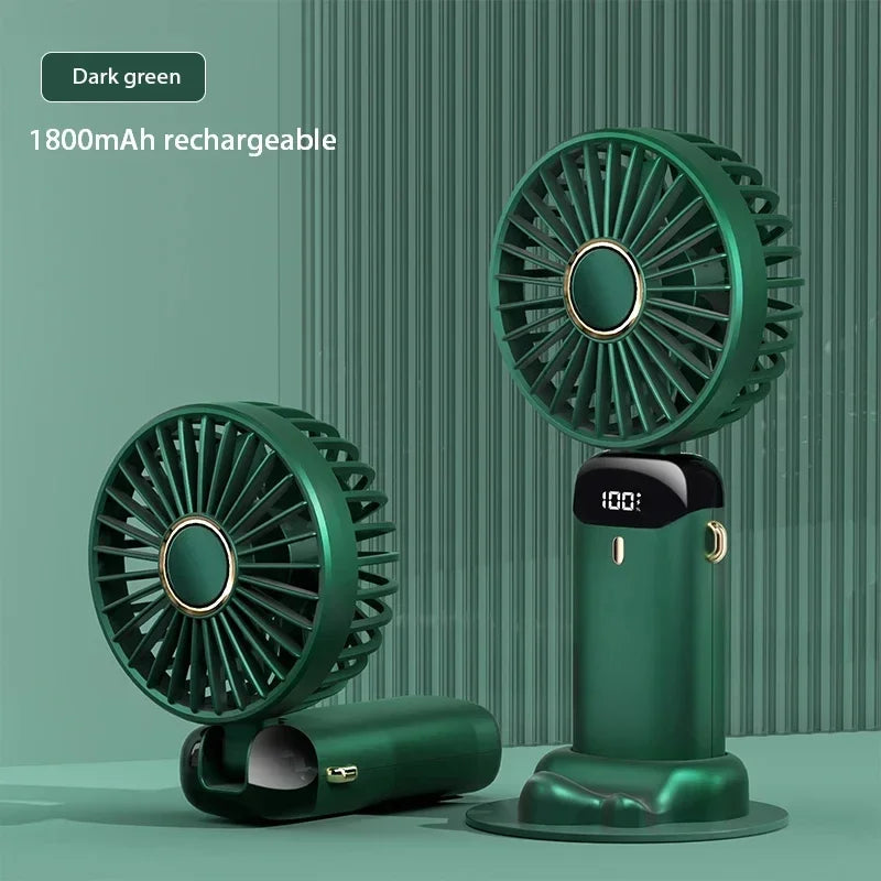 Portable Mini Fan – 5-Speed Rechargeable Handheld, Neck & Desktop Fan with LED Display, Phone Stand & 1800mAh Battery