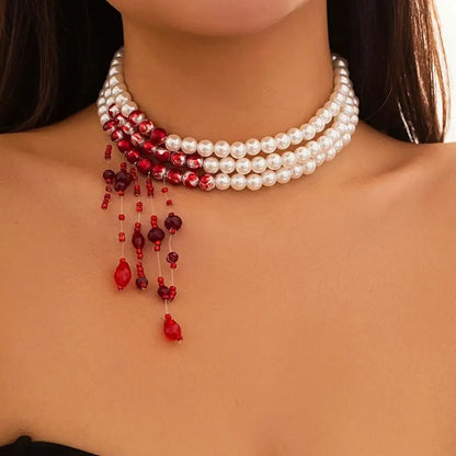 Vintage Gothic Blood Pattern Layered Necklace – Pearl &amp; Crystal Tassel Pendant 🩸🖤