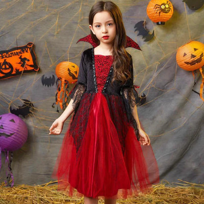 Kids Girls Gothic Halloween Costume – Red & Black Witch Vampire Dress with Wig & Veil