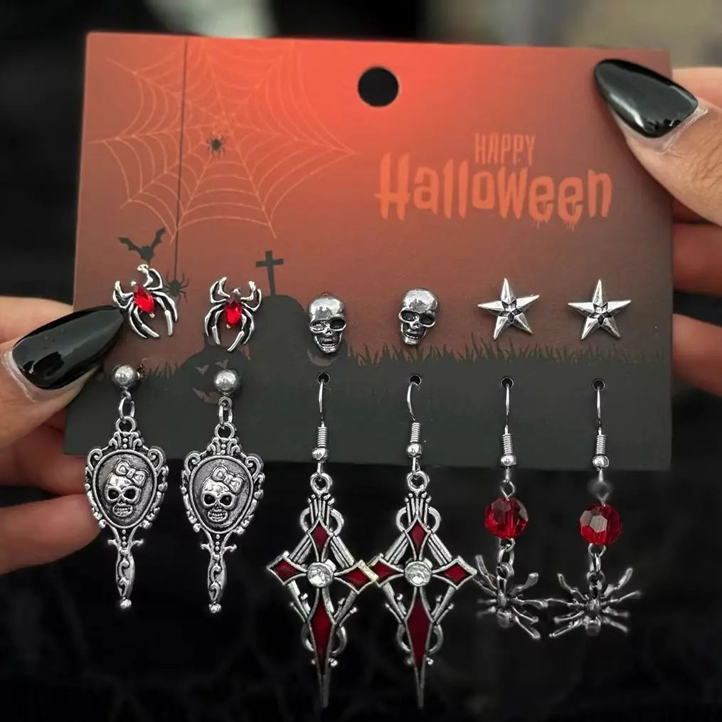 🖤 Gothic Halloween Drop Earrings Set – 6 Pairs Red Crystal Skull, Spider, Cross & Rose Earrings 🎃✨