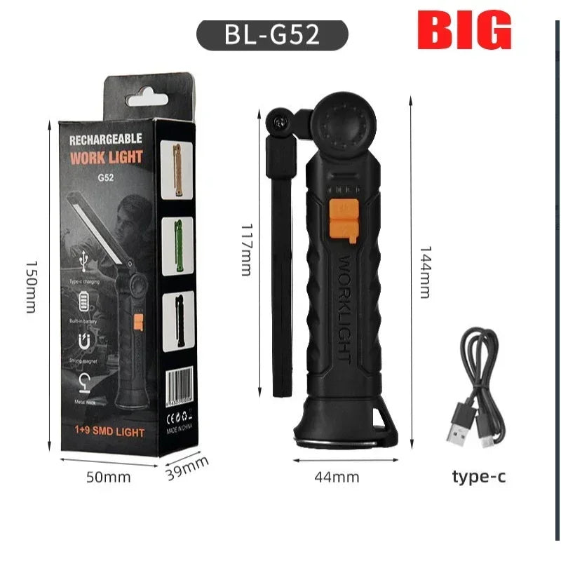 🔦 Portable COB LED Work Light – USB Rechargeable Flashlight with Magnetic Base, Hook & 360° Rotation