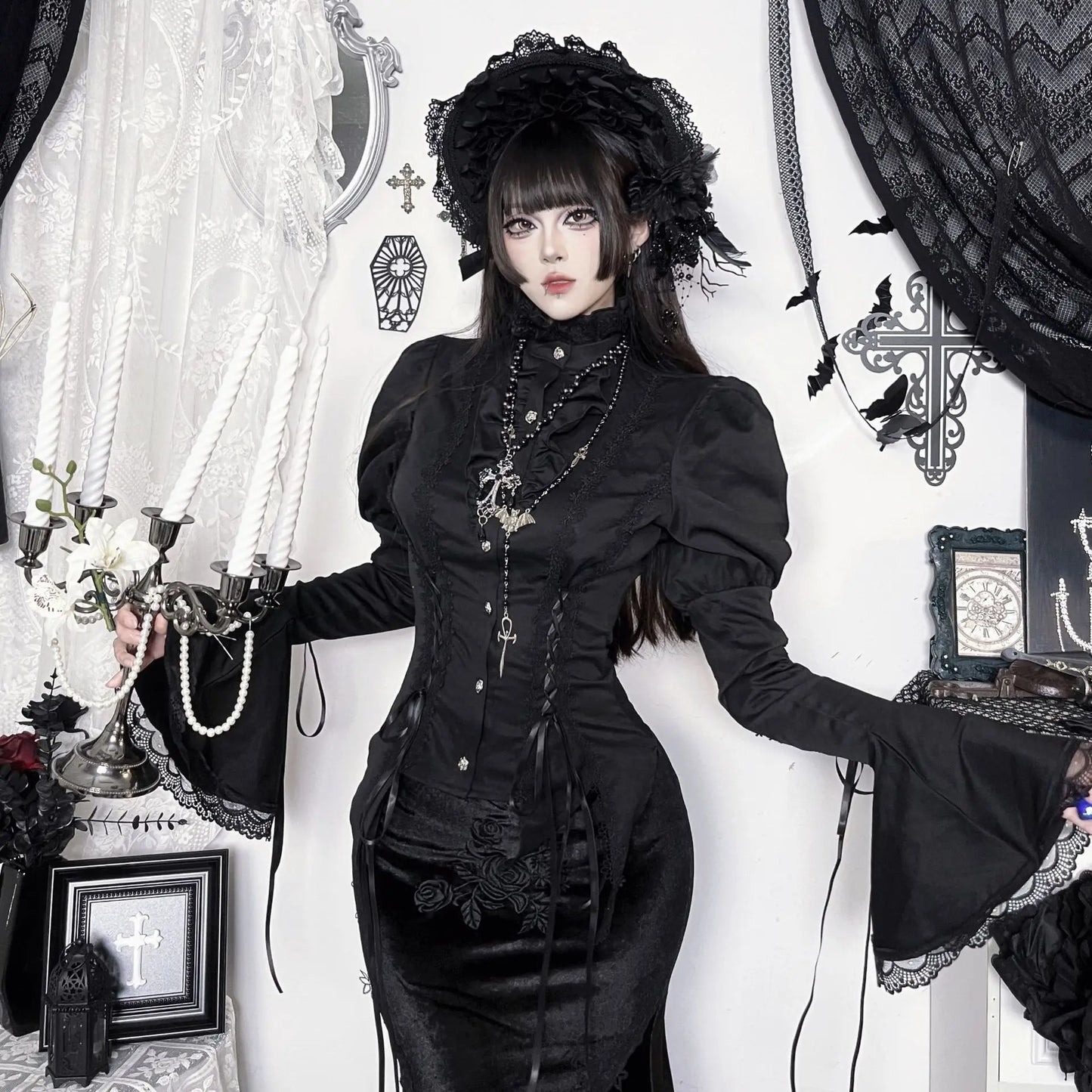 Goth Dark Gothic Lace Trim Blouse – Turtleneck Flare Sleeve Top for Halloween & Alternative Fashion