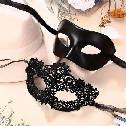 2-Piece Black Lace Masquerade Mask Set – Elegant Venetian Masks for Couples, Halloween & Costume Parties