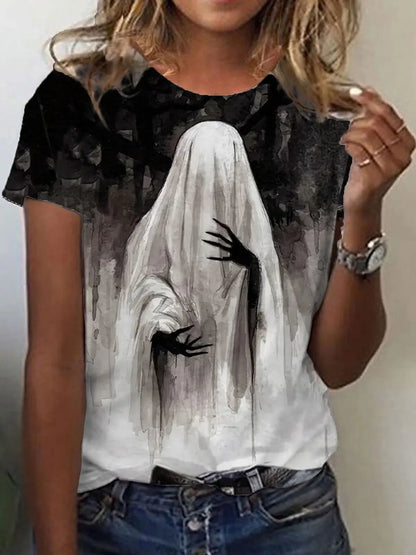 Women’s Halloween 3D Bloody Letter Print T-Shirt – Casual Short Sleeve Round Neck Top
