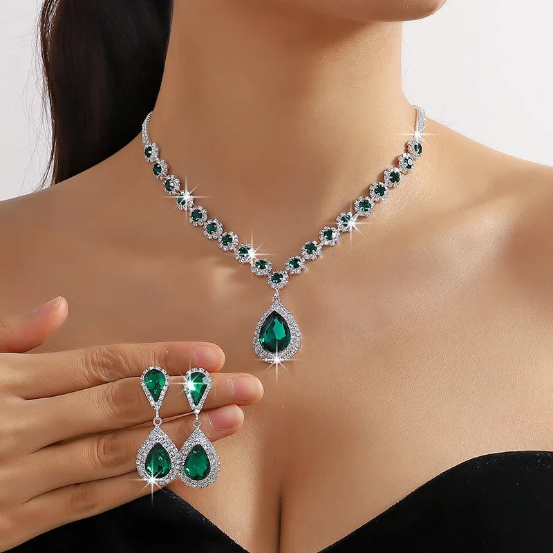 💎 Crystal Water Drop Necklace &amp; Earrings Set – Elegant Wedding Jewelry