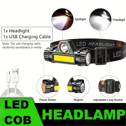 🔦 Rechargeable LED Headlamp – XP-G Q5 + COB, Adjustable Beam, Magnetic Base & USB Charging