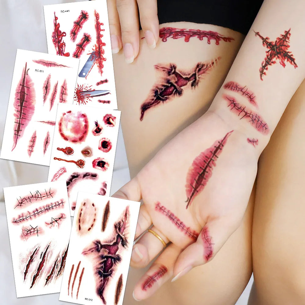 16-Piece Halloween 3D Fake Scar Temporary Tattoos – Bloody Wound & Zombie Designs for Face and Body, Waterproof Costume Makeup for Halloween, Cosplay & Parties
