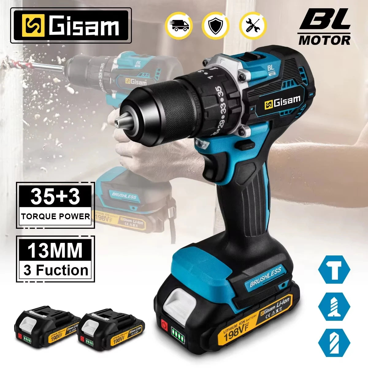 🔧 Gisam 18V Brushless Cordless Drill – 65N·m Torque, 13mm Chuck & 35+3 Settings