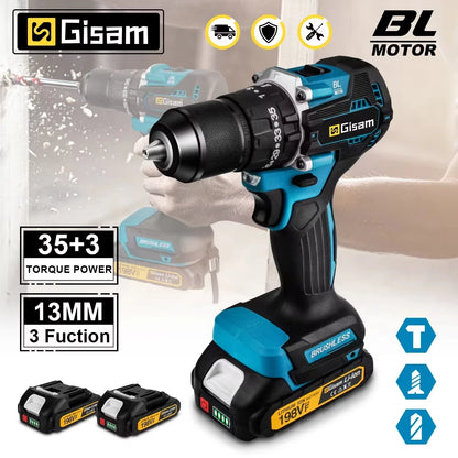 🔧 Gisam 18V Brushless Cordless Drill – 65N·m Torque, 13mm Chuck & 35+3 Settings
