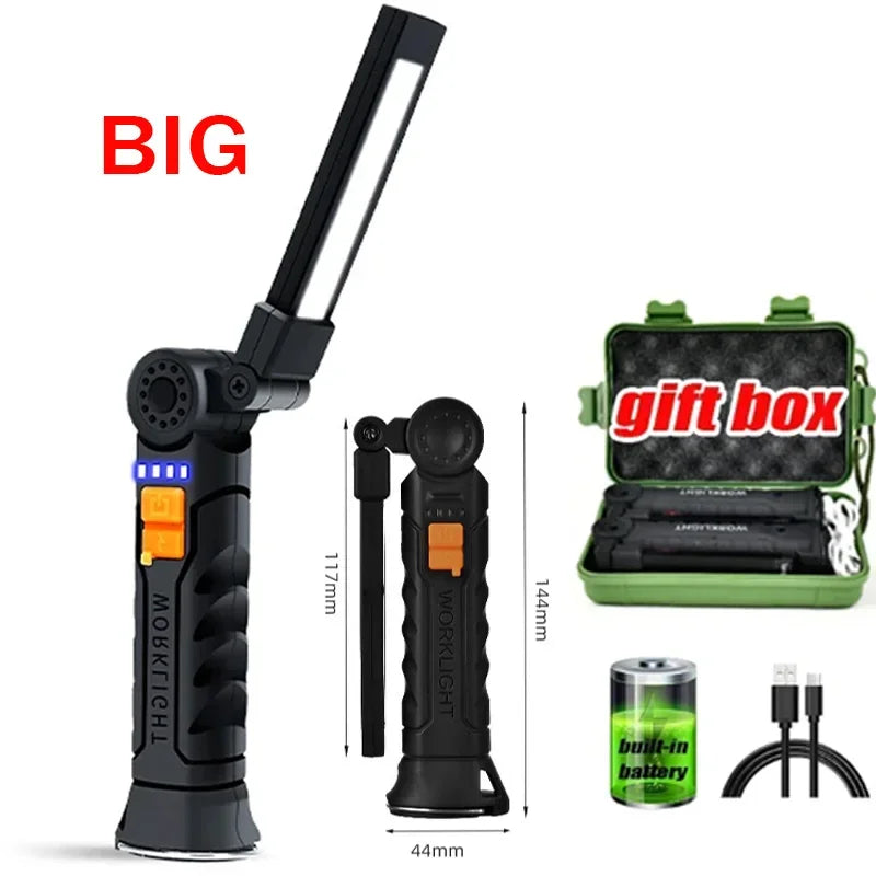 🔦 Portable COB LED Work Light – USB Rechargeable Flashlight with Magnetic Base, Hook & 360° Rotation