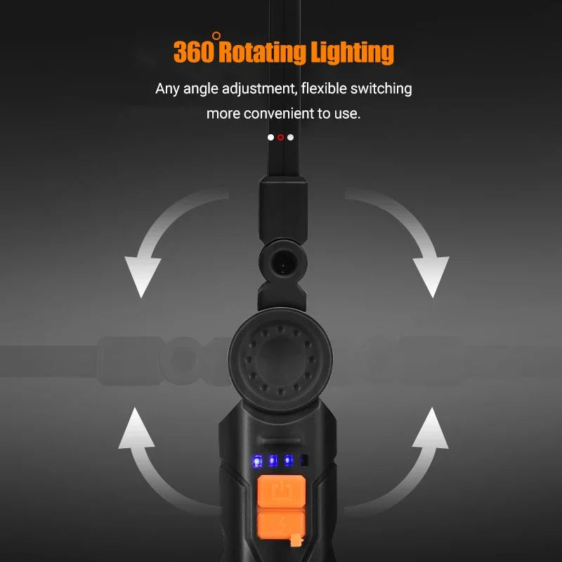 🔦 Portable COB LED Work Light – USB Rechargeable Flashlight with Magnetic Base, Hook & 360° Rotation