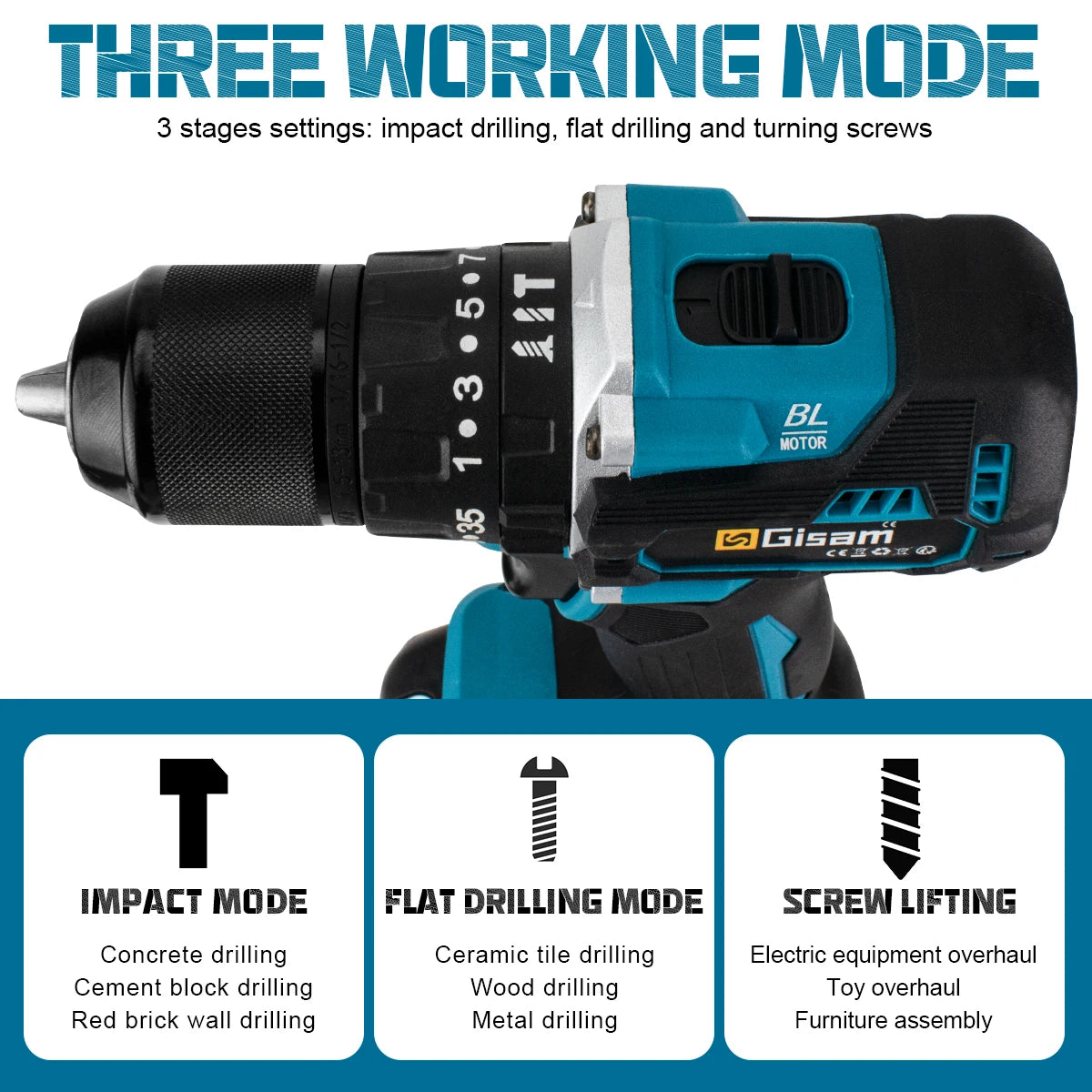 🔧 Gisam 18V Brushless Cordless Drill – 65N·m Torque, 13mm Chuck & 35+3 Settings