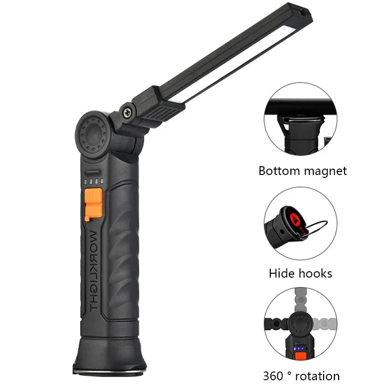 🔦 Portable COB LED Work Light – USB Rechargeable Flashlight with Magnetic Base, Hook & 360° Rotation