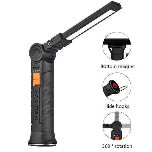 🔦 Portable COB LED Work Light – USB Rechargeable Flashlight with Magnetic Base, Hook & 360° Rotation
