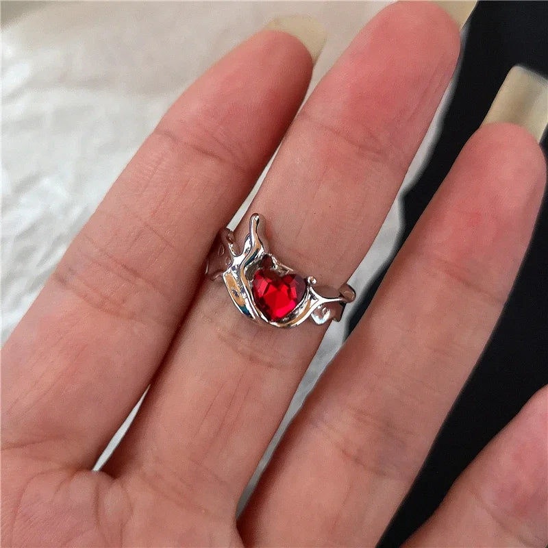 🖤 Gothic Red Crystal Heart Cross Ring Set – ❤️ Y2K Punk Geometric Open Rings for Women 💍