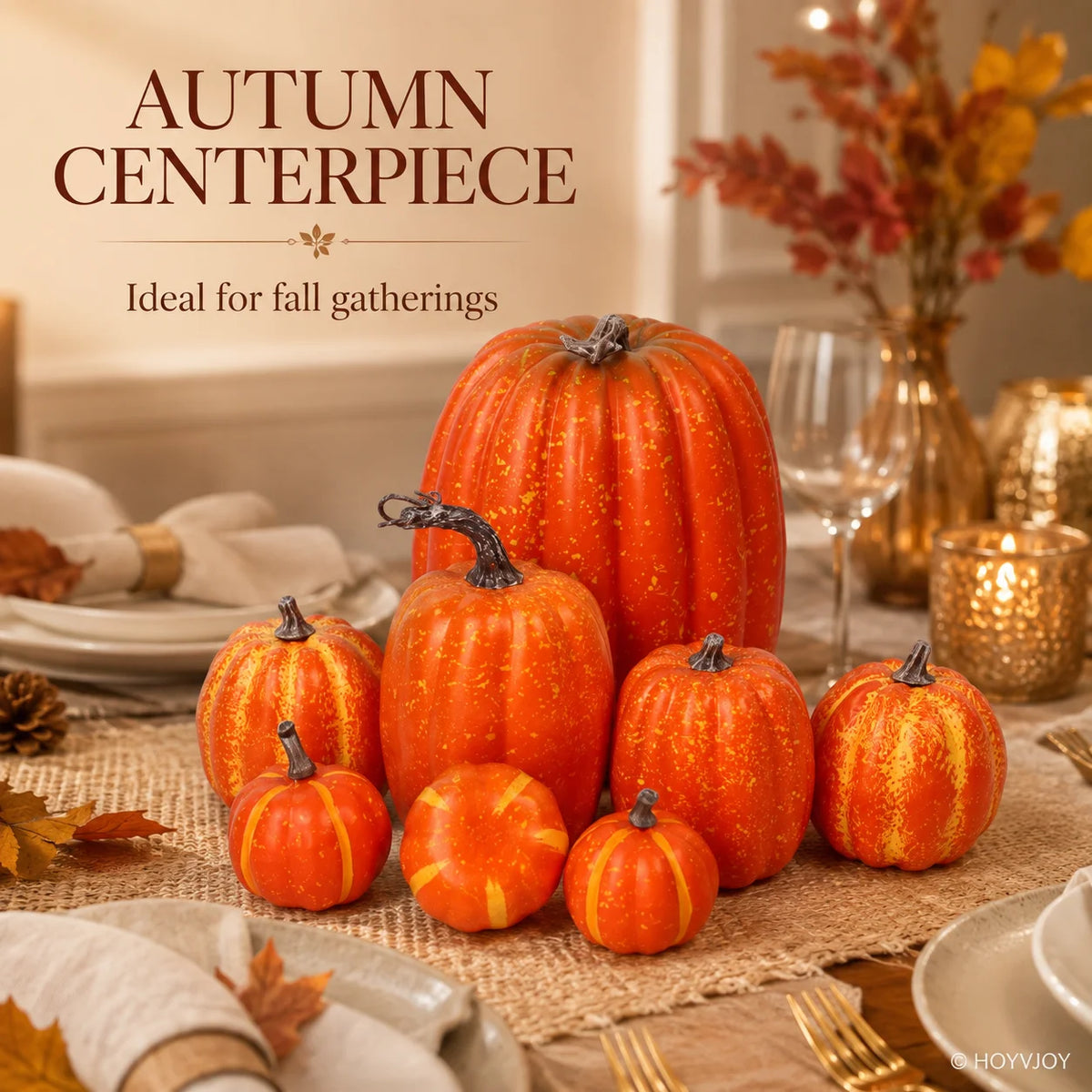 7PCS Artificial Orange Pumpkin Decor Set – Mini Foam Pumpkins for Halloween, Fall, Thanksgiving & Harvest Table Decorations, Indoor Home Decor