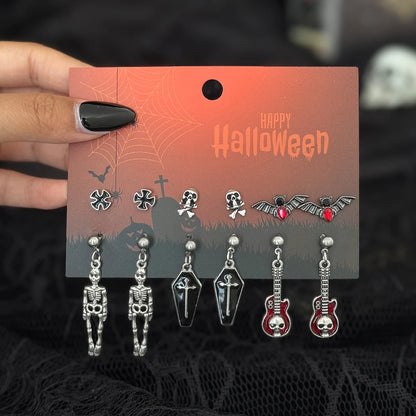 🖤 Gothic Halloween Drop Earrings Set – 6 Pairs Red Crystal Skull, Spider, Cross & Rose Earrings 🎃✨