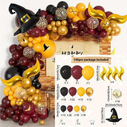 146PCS Magic School Balloon Arch Kit – Wizard Hat & Golden Snitch Balloon Garland for Birthday Parties, Halloween & Magical Celebrations