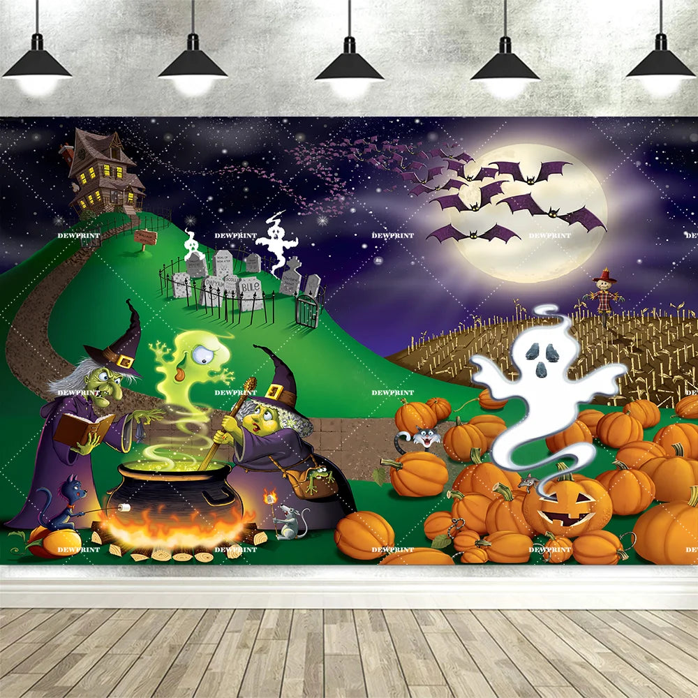 Halloween Pumpkin Skeleton Backdrop – Moon &amp; Ghost Party Decoration 🎃💀👻