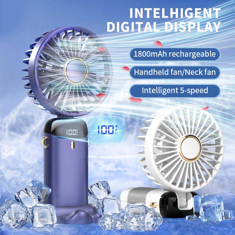 Portable Mini Fan – 5-Speed Rechargeable Handheld, Neck & Desktop Fan with LED Display, Phone Stand & 1800mAh Battery