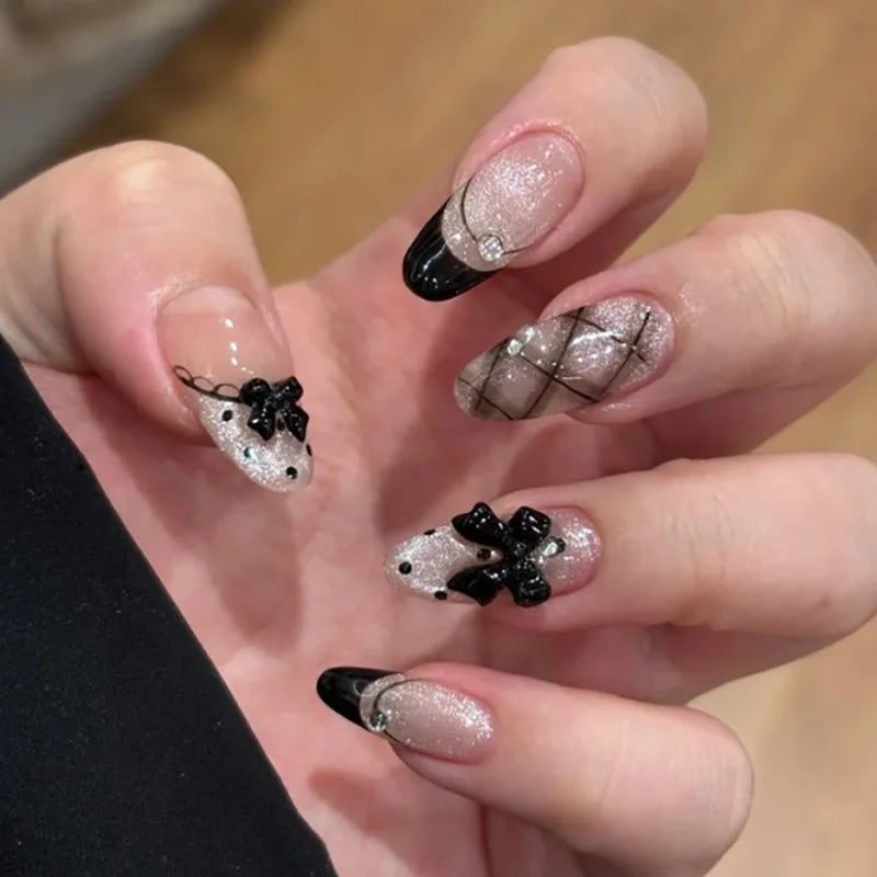 Black Bat Halloween Press-On Nails – Almond Reusable False Nail Tips 🦇🖤
