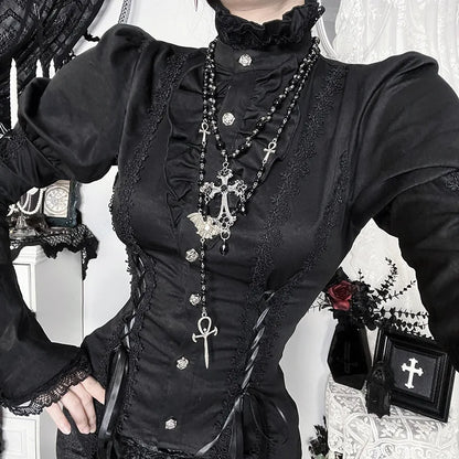Goth Dark Gothic Lace Trim Blouse – Turtleneck Flare Sleeve Top for Halloween & Alternative Fashion