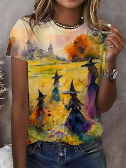 Women’s Halloween 3D Bloody Letter Print T-Shirt – Casual Short Sleeve Round Neck Top
