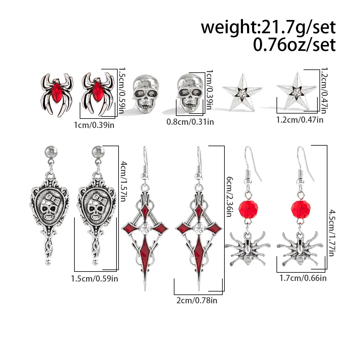 🖤 Gothic Halloween Drop Earrings Set – 6 Pairs Red Crystal Skull, Spider, Cross & Rose Earrings 🎃✨