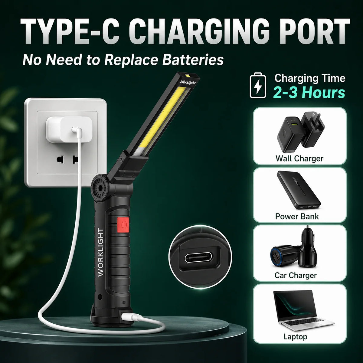 🔦 Rechargeable COB LED Work Light – USB-C Magnetic Flashlight with Hook, 360° Rotation & 5 Modes