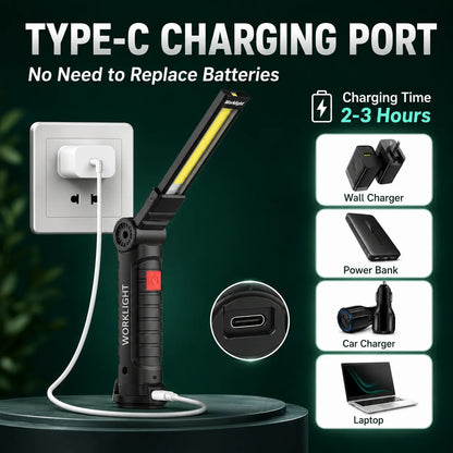 🔦 Rechargeable COB LED Work Light – USB-C Magnetic Flashlight with Hook, 360° Rotation & 5 Modes