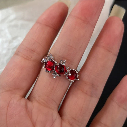 🖤 Gothic Red Crystal Heart Cross Ring Set – ❤️ Y2K Punk Geometric Open Rings for Women 💍