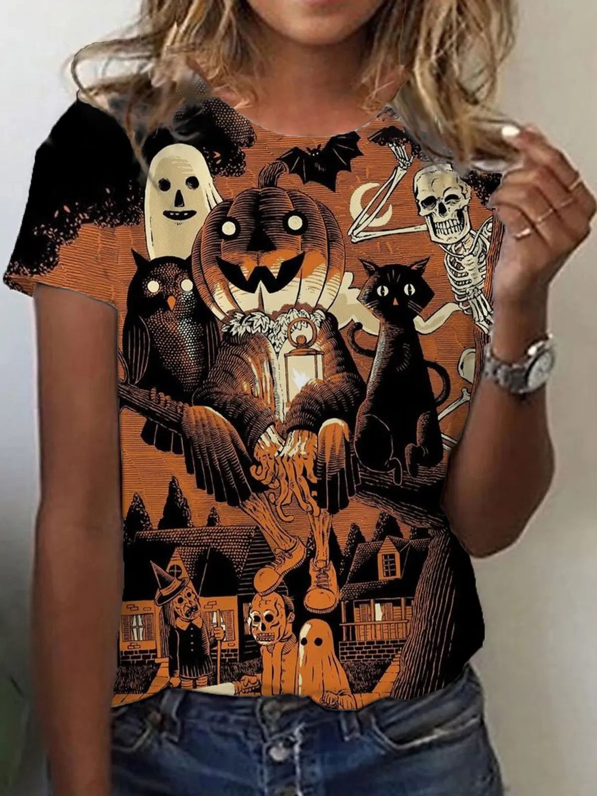 Women’s Halloween 3D Bloody Letter Print T-Shirt – Casual Short Sleeve Round Neck Top