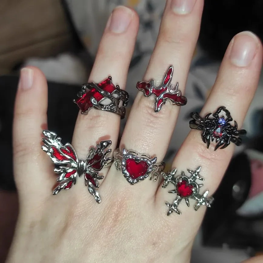 🖤 Gothic Red Crystal Heart Cross Ring Set – ❤️ Y2K Punk Geometric Open Rings for Women 💍