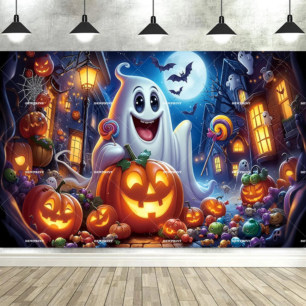 Halloween Pumpkin Skeleton Backdrop – Moon &amp; Ghost Party Decoration 🎃💀👻