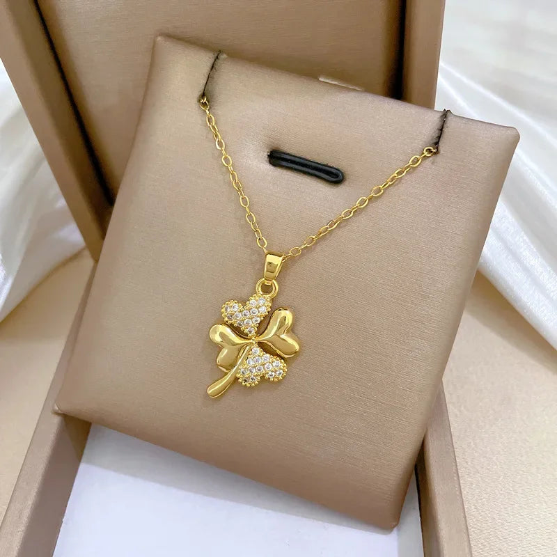 beautiful gold necklace with a four-leaf clover pendant — elegant for Women Girls Stainless Steel Chain Party Accessories Jewelry Gifts