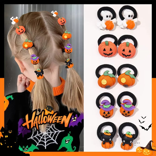 10PCS Girls Halloween Hair Ties – Cute Pumpkin, Ghost, Bat & Cat Designs, Fun Halloween Hair Accessories for Girls, Party Gifts