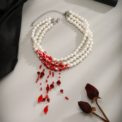 Vintage Gothic Blood Pattern Layered Necklace – Pearl &amp; Crystal Tassel Pendant 🩸🖤