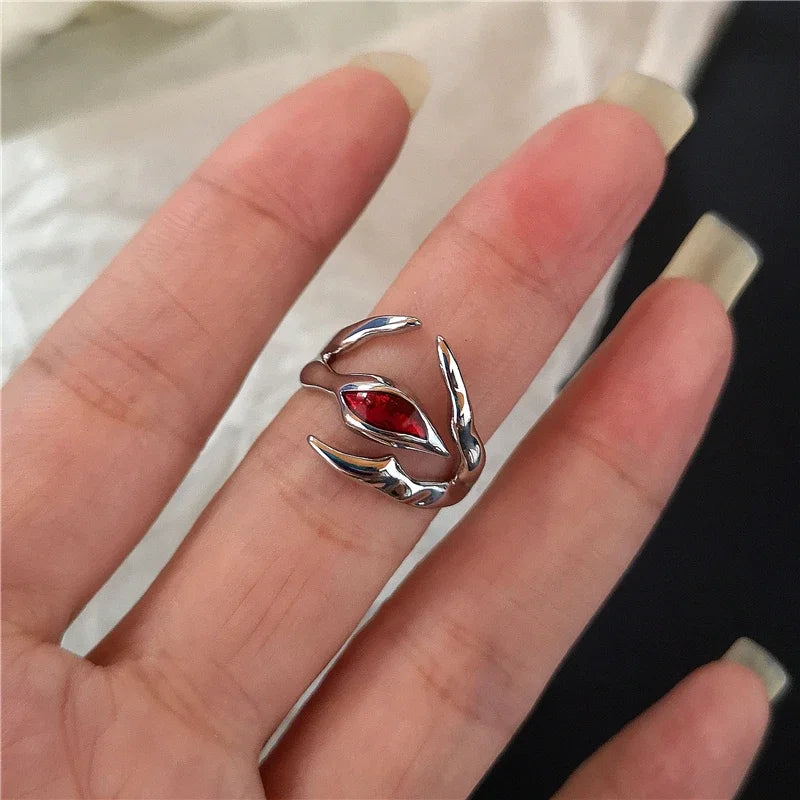 🖤 Gothic Red Crystal Heart Cross Ring Set – ❤️ Y2K Punk Geometric Open Rings for Women 💍