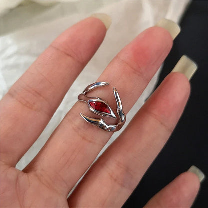 🖤 Gothic Red Crystal Heart Cross Ring Set – ❤️ Y2K Punk Geometric Open Rings for Women 💍