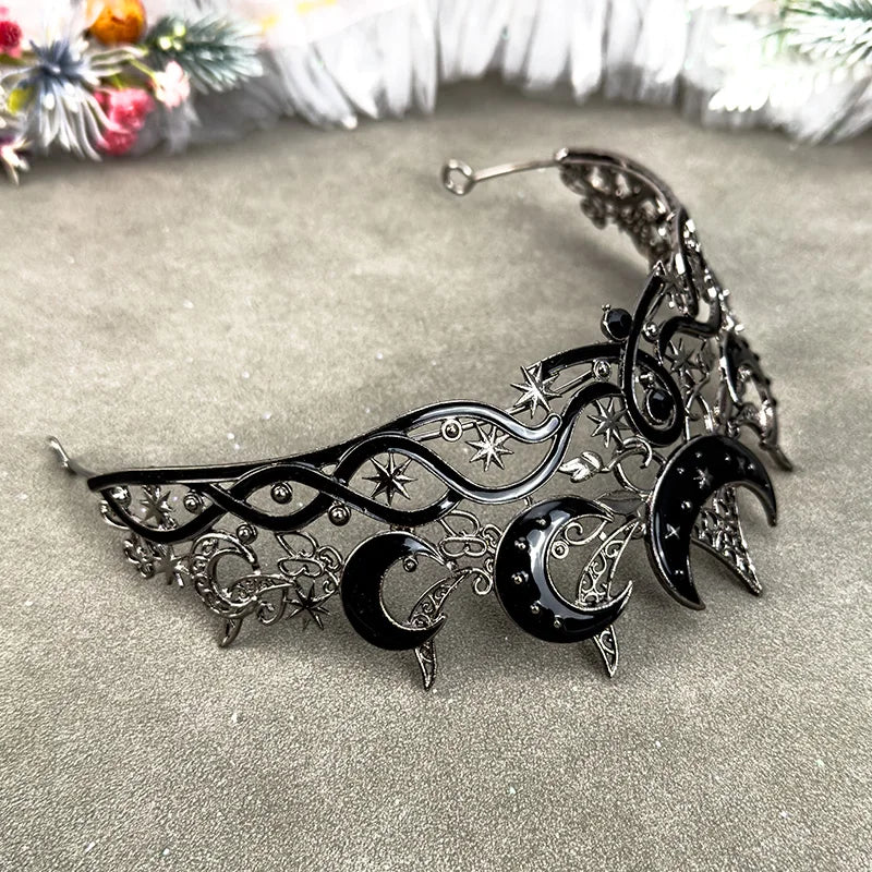 Gothic Black Moon Tiara – Dark Queen Celestial Crown for Women