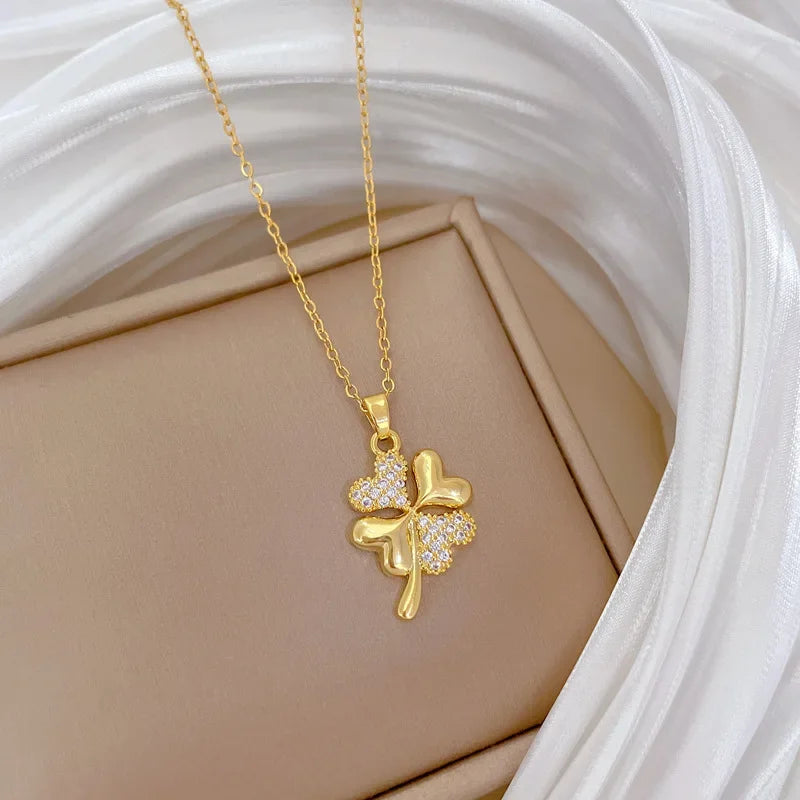 beautiful gold necklace with a four-leaf clover pendant — elegant for Women Girls Stainless Steel Chain Party Accessories Jewelry Gifts