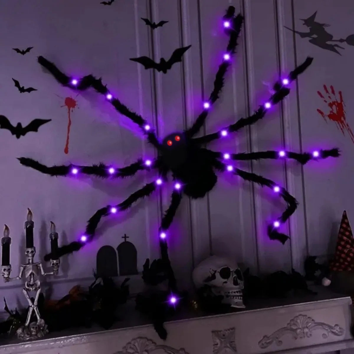 Halloween Giant Fuzzy Spider with Purple LED Lights – Large Light-Up Spider Decoration, Battery Powered, 8 Lighting Modes, Indoor & Outdoor
