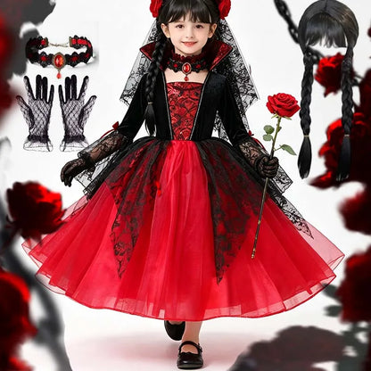 Kids Girls Gothic Halloween Costume – Red & Black Witch Vampire Dress with Wig & Veil