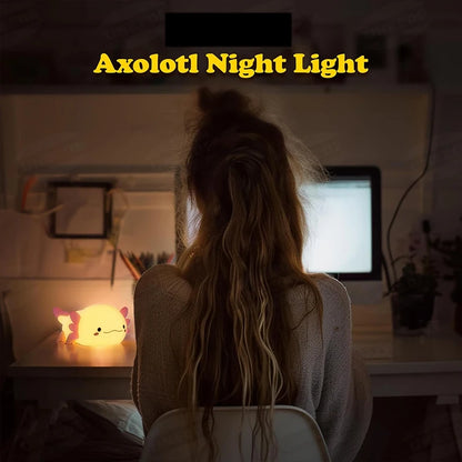 🦎 Cute Axolotl Silicone Night Light – Touch-Control LED Lamp with Rechargeable Battery