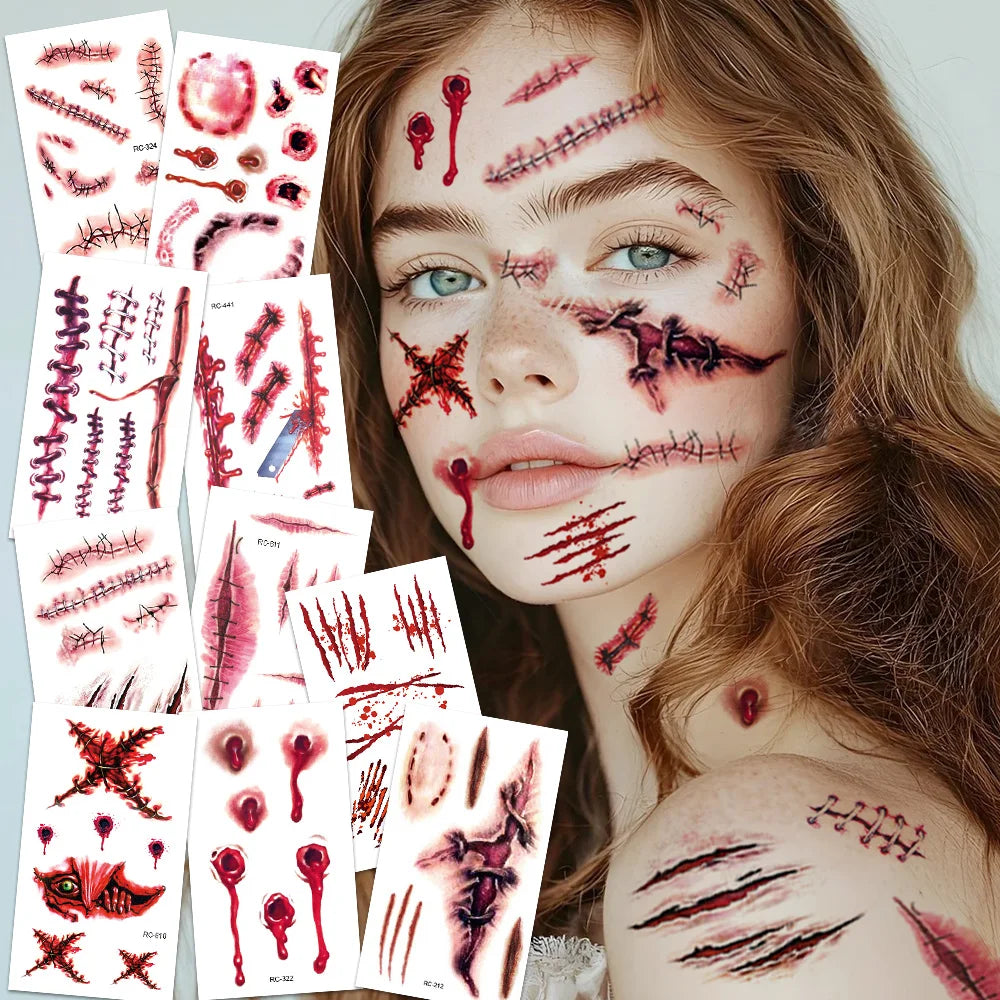 16-Piece Halloween 3D Fake Scar Temporary Tattoos – Bloody Wound & Zombie Designs for Face and Body, Waterproof Costume Makeup for Halloween, Cosplay & Parties