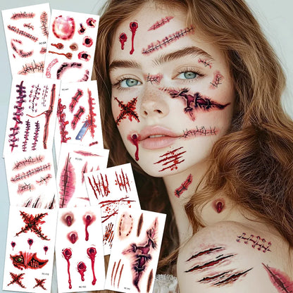 16-Piece Halloween 3D Fake Scar Temporary Tattoos – Bloody Wound & Zombie Designs for Face and Body, Waterproof Costume Makeup for Halloween, Cosplay & Parties