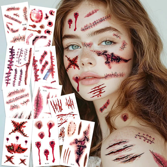 16-Piece Halloween 3D Fake Scar Temporary Tattoos – Bloody Wound & Zombie Designs for Face and Body, Waterproof Costume Makeup for Halloween, Cosplay & Parties